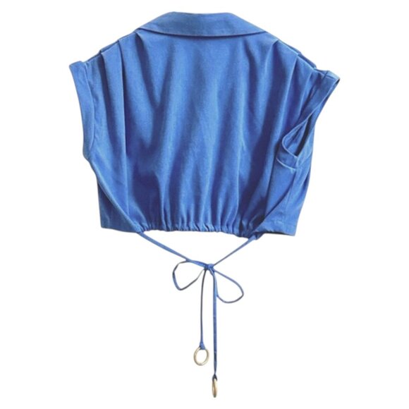 Maryallé Houdini Top Indigo Sky Blue Cotton Suede Free Size Button Crop XS-M - Picture 5 of 11